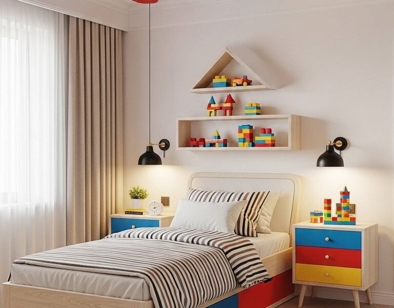 Chambre de garçon avec un plafond créatif imitant des briques Lego géantes