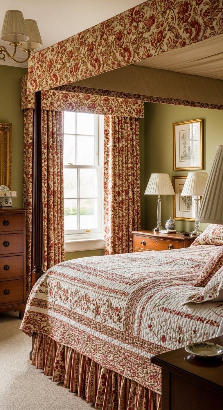 Chambre de style anglais avec des rideaux a fleurs assortis au baldaquin