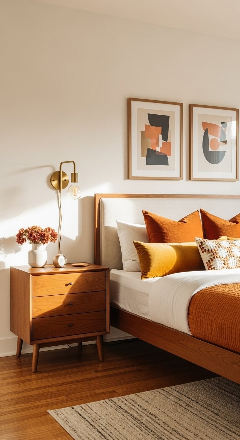 Chambre de style mid century avec table de chevet en bois et coussins orange
