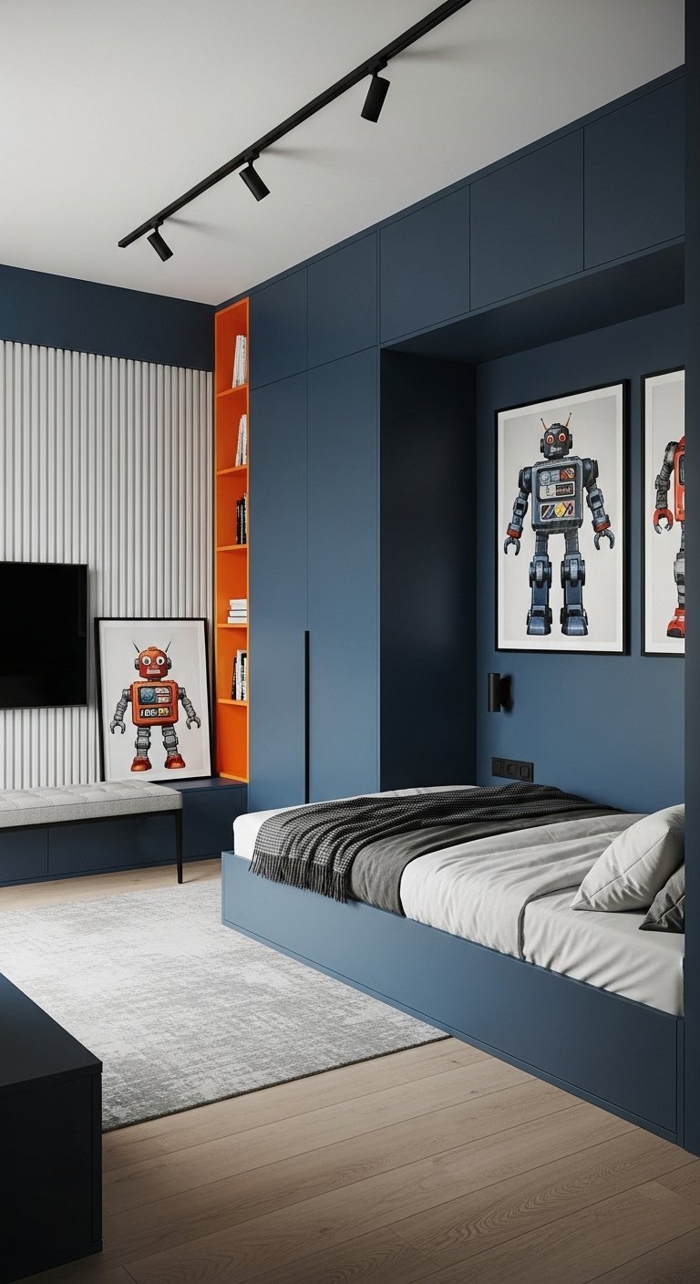 Chambre garcon moderne bleu fonce avec niche orange et theme robot