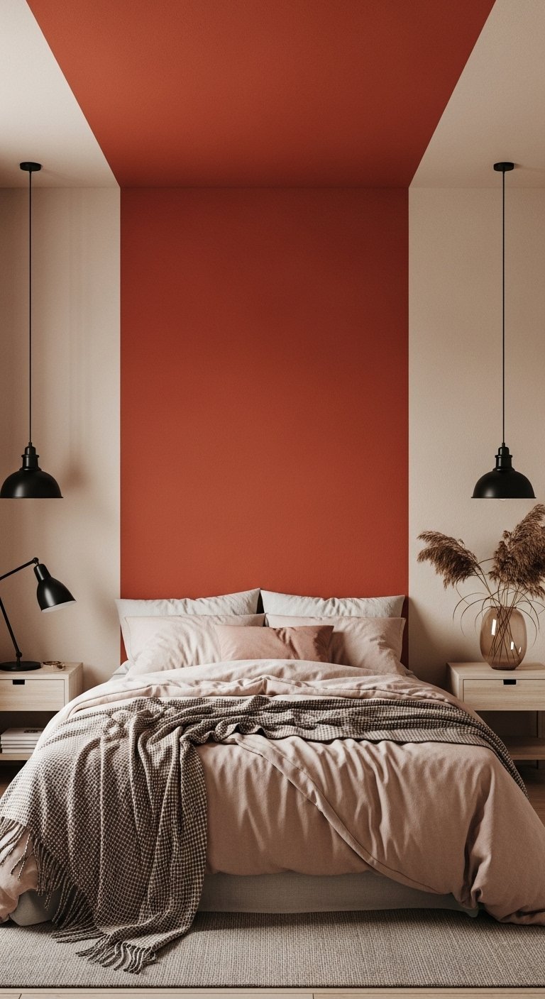 Chambre moderne avec large bande de peinture terracotta derriere le lit