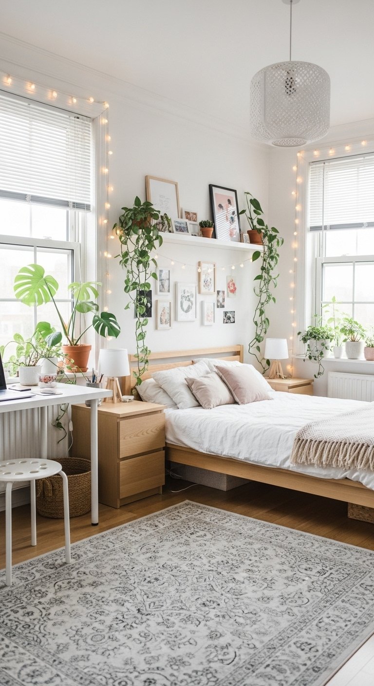 Chambre scandinave lumineuse avec bureau blanc et plantes vertes