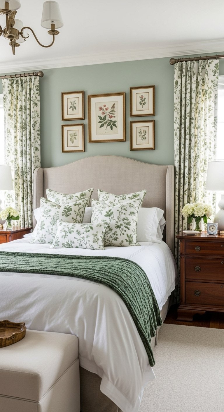 Chambre traditionnelle avec murs vert de gris et coussins à motifs botaniques