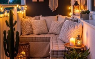 Coin de balcon bohème avec une banquette en palettes et de nombreuses lanternes