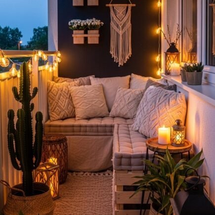 Coin de balcon bohème avec une banquette en palettes et de nombreuses lanternes