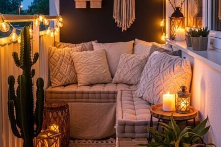 Coin de balcon bohème avec une banquette en palettes et de nombreuses lanternes