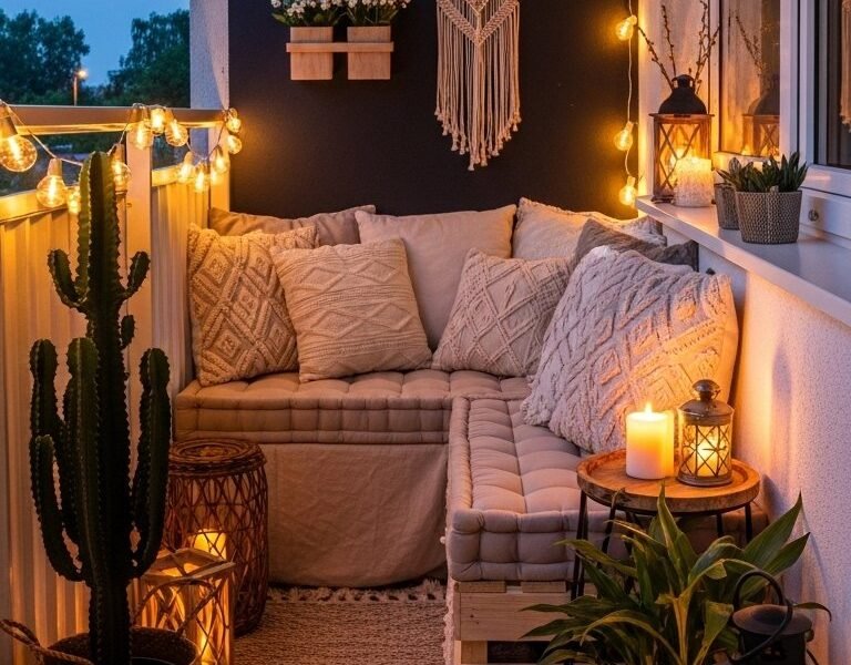 Coin de balcon bohème avec une banquette en palettes et de nombreuses lanternes