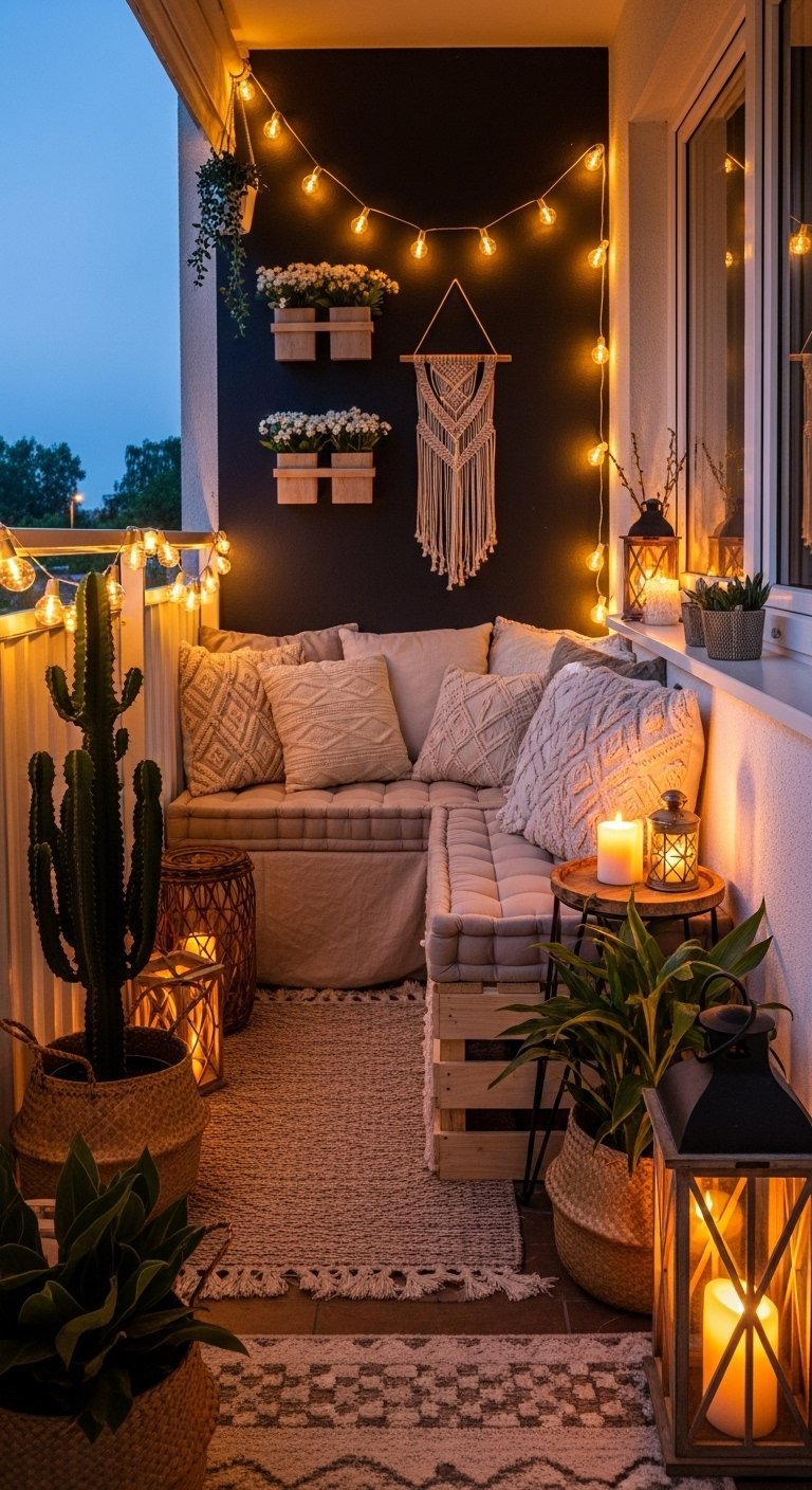Coin de balcon bohème avec une banquette en palettes et de nombreuses lanternes