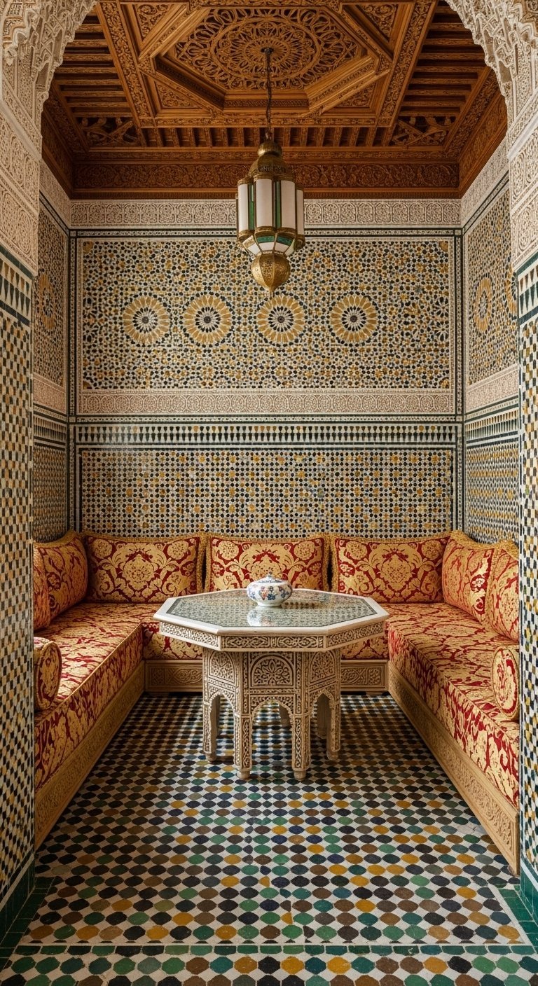 Coin salon marocain traditionnel avec murs et sol en zellige