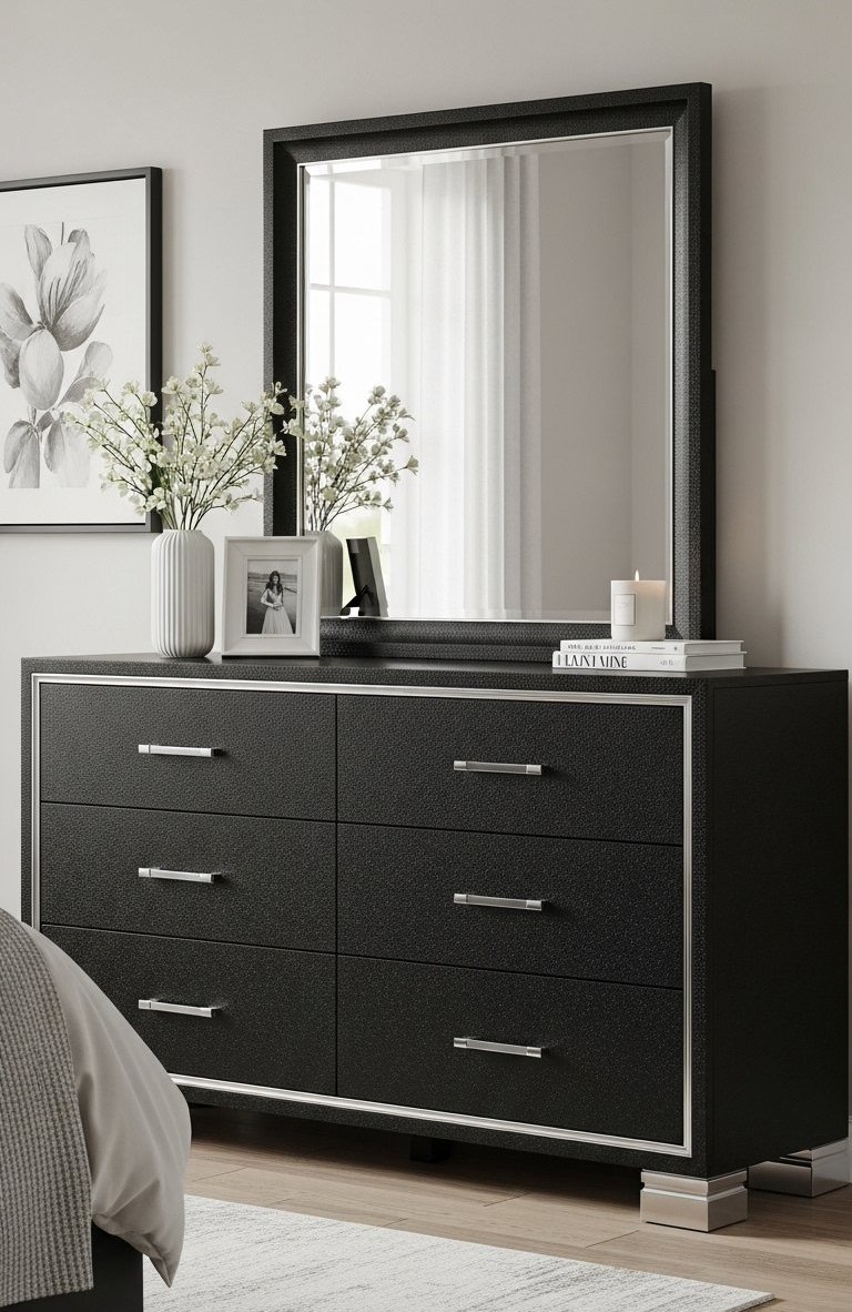 Commode noire moderne avec finition texturée et détails chromés