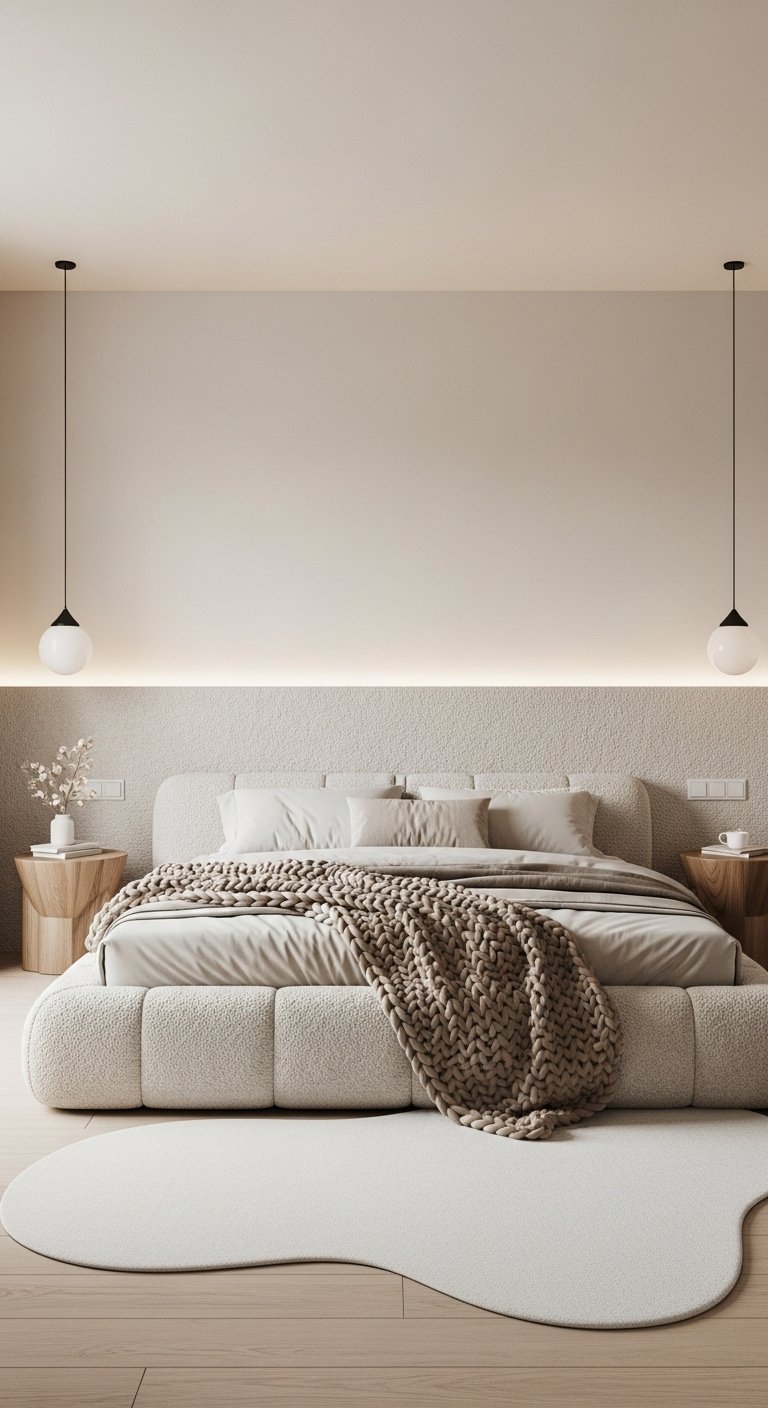 Décoration chambre femme minimaliste et moderne avec éclairage de tête de lit intégré