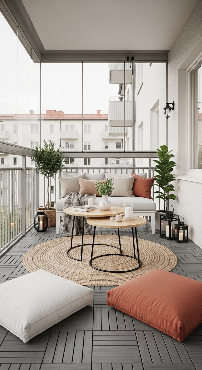Decoration petit balcon loggia vitree style scandinave avec canape gris et tables gigognes