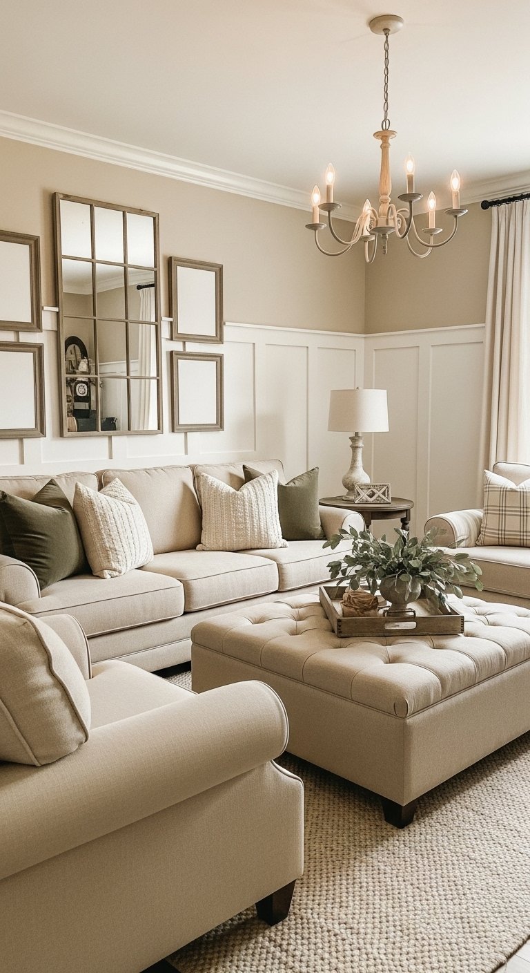 Decoration salon beige style farmhouse avec ottoman capitonne et mur de miroirs