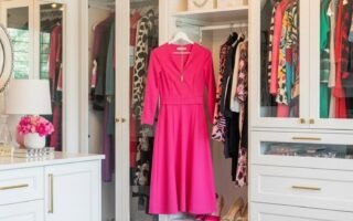 Dressing chic avec banc à rayures noires et blanches et lustre doré