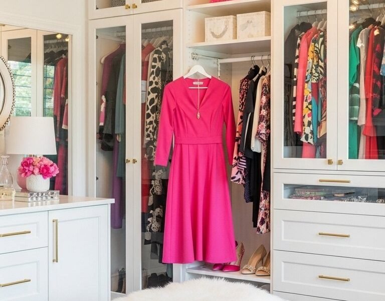 Dressing chic avec banc à rayures noires et blanches et lustre doré