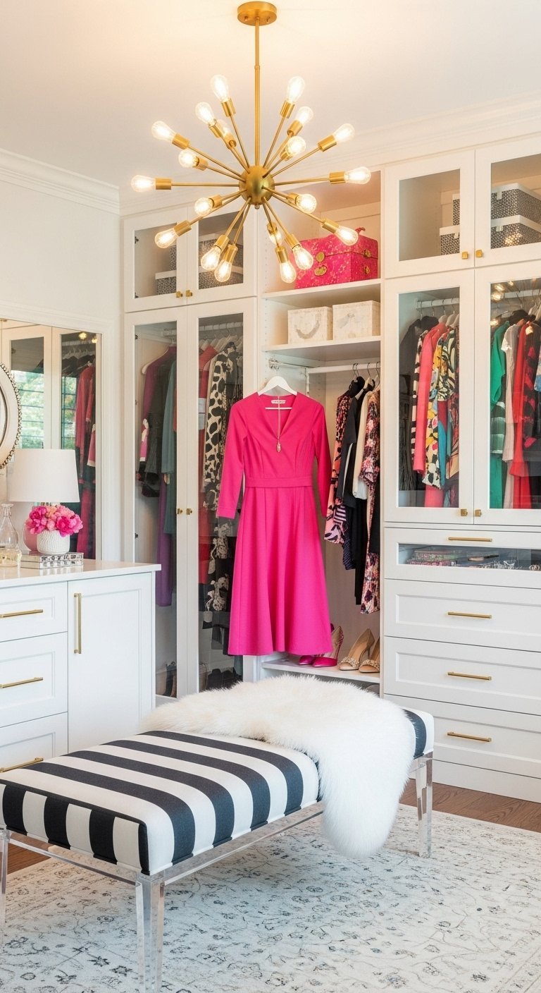 Dressing chic avec banc à rayures noires et blanches et lustre doré
