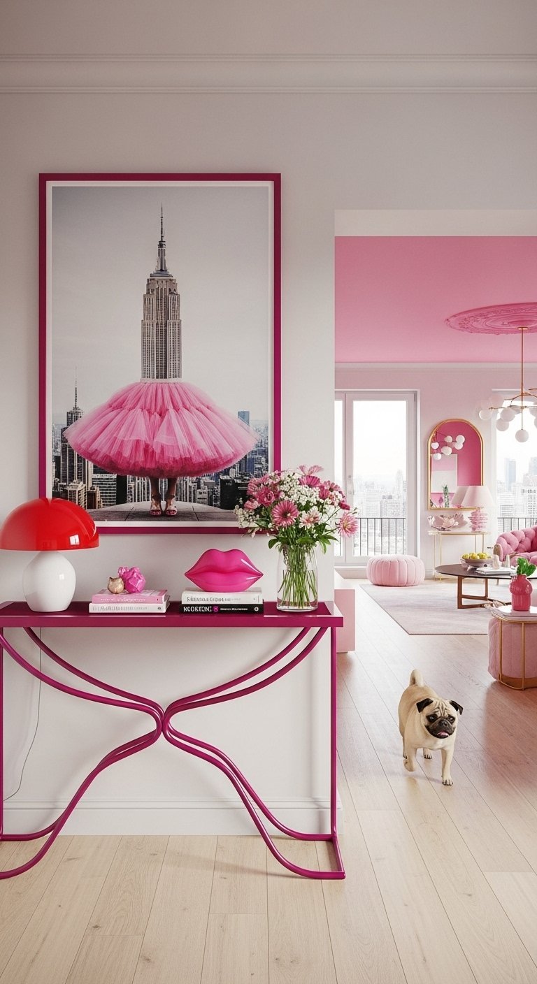 Entrée moderne et glamour avec une console fuchsia et une grande photographie encadrée.