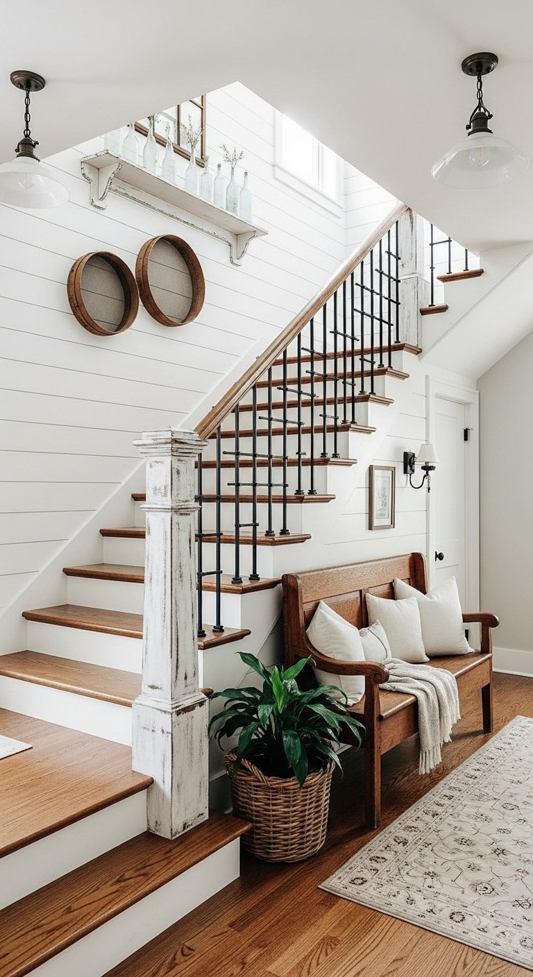 Escalier campagne chic avec mur shiplap blanc et rampe en metal noir