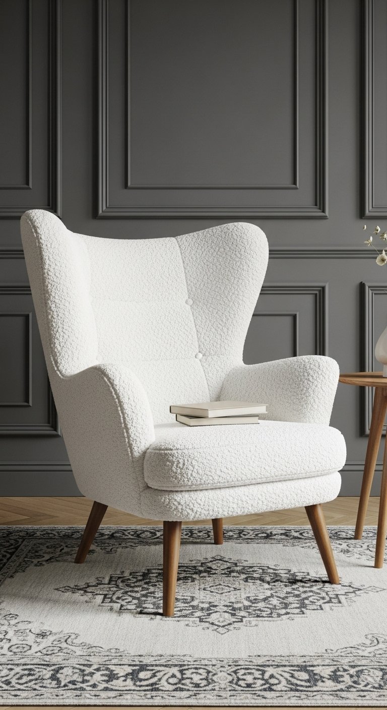 Fauteuil wingback tendance recouvert de tissu bouclette blanc texturé
