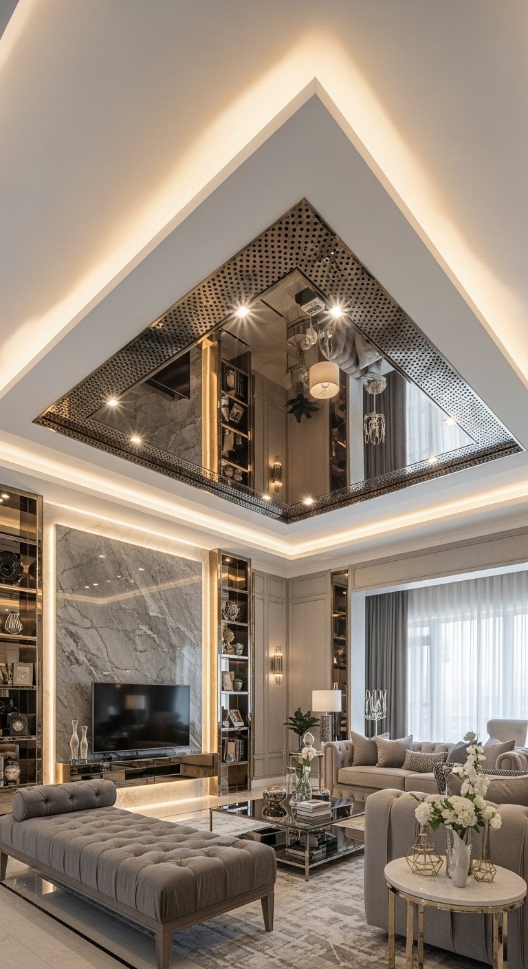 Faux plafond design avec une surface miroir et un cadre métallique perforé