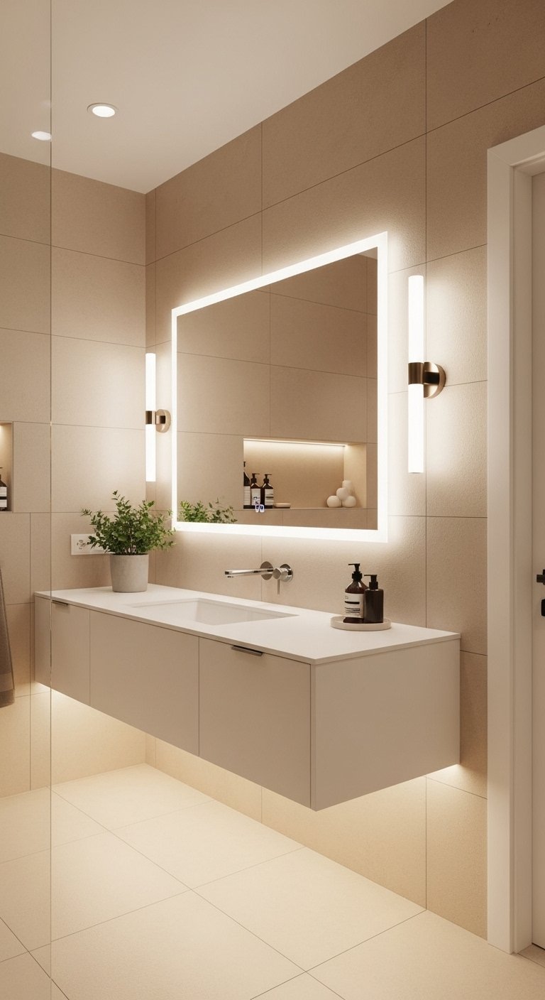 Grand miroir rétroéclairé avec appliques murales dans une salle de bain beige