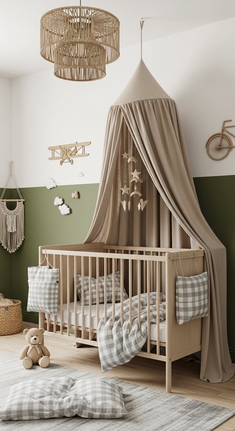 Lit bebe en bois avec ciel de lit beige et mur bicolore vert