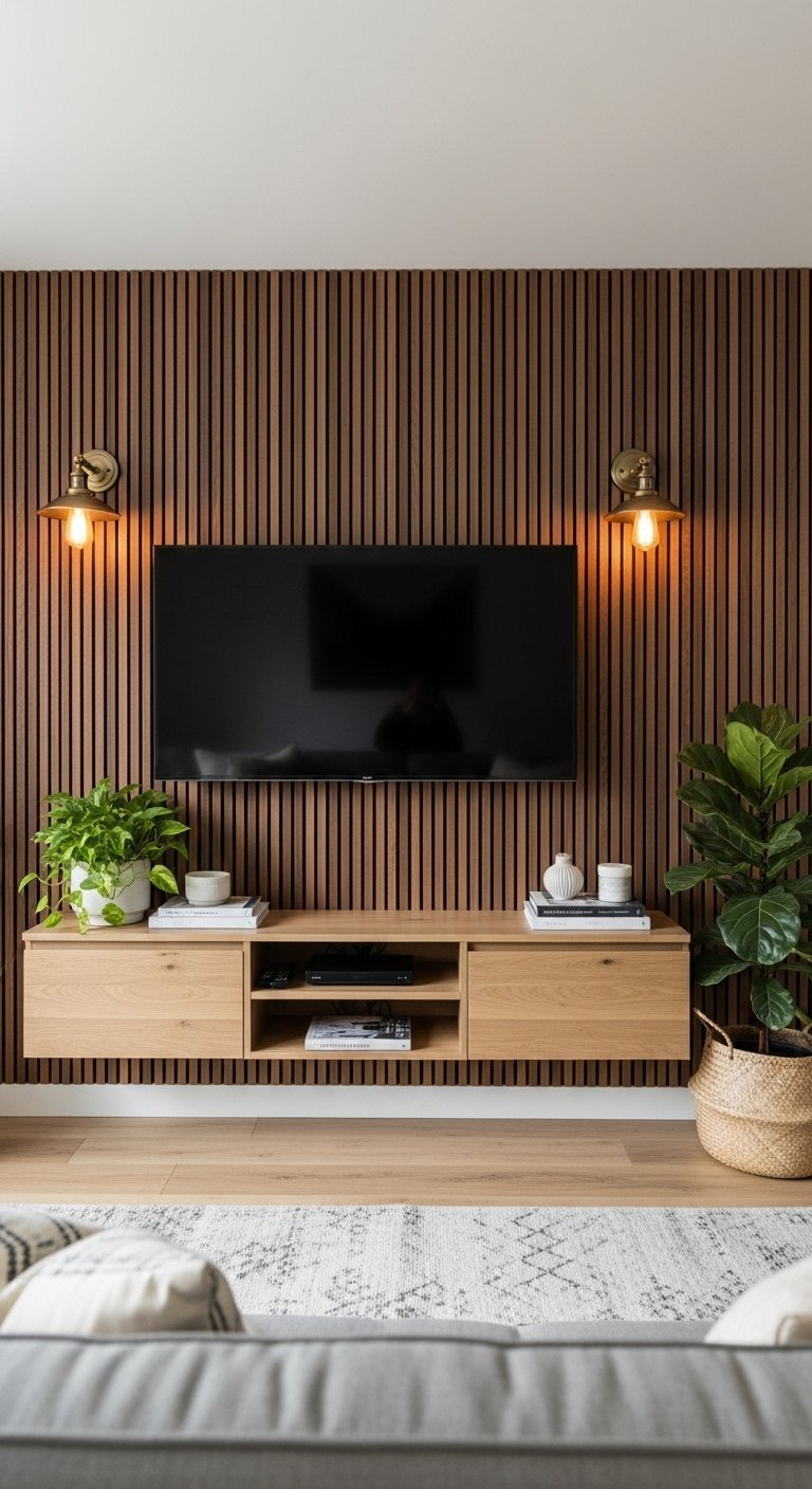 Mur TV en tasseaux de bois sombres avec appliques industrielles