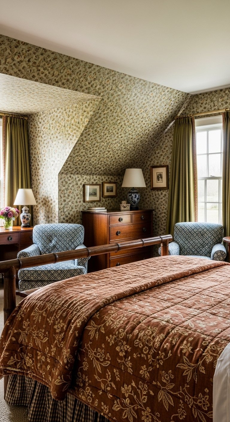 Papier peint floral traditionnel vert et jaune dans une chambre parentale mansardee