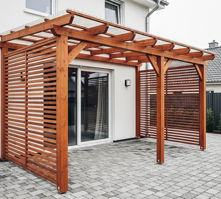 Pergola en bois avec toit transparent et parois en claustra devant une porte fenêtre