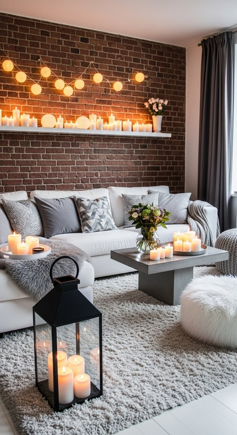 Petit salon avec mur de briques canapé blanc et nombreuses bougies