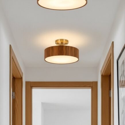 Plafonniers en bois de forme cylindrique dans un couloir