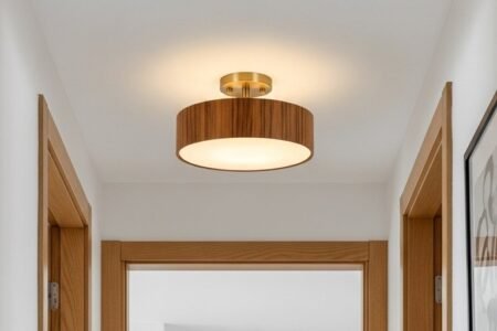 Plafonniers en bois de forme cylindrique dans un couloir