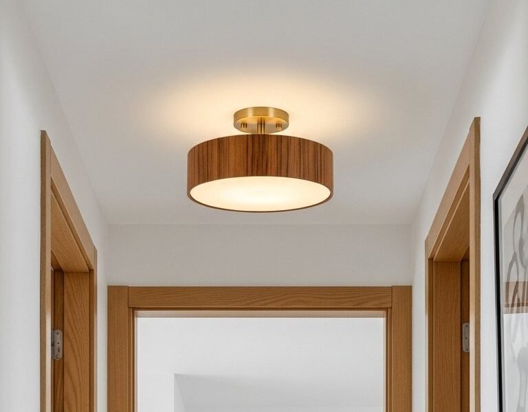 Plafonniers en bois de forme cylindrique dans un couloir