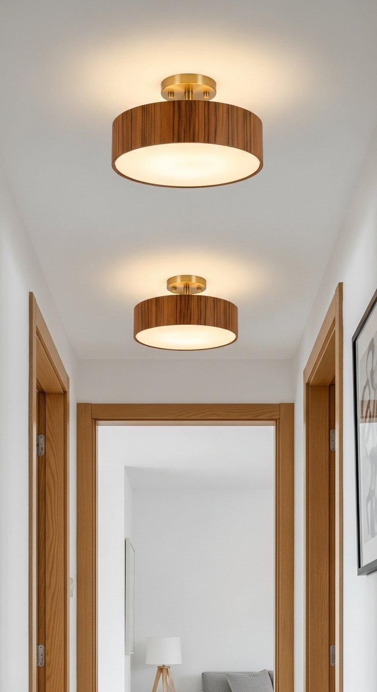 Plafonniers en bois de forme cylindrique dans un couloir