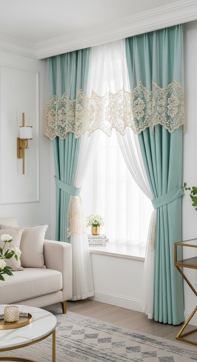 Rideaux bleu vert clair avec une cantonnière en dentelle et embrasses assorties