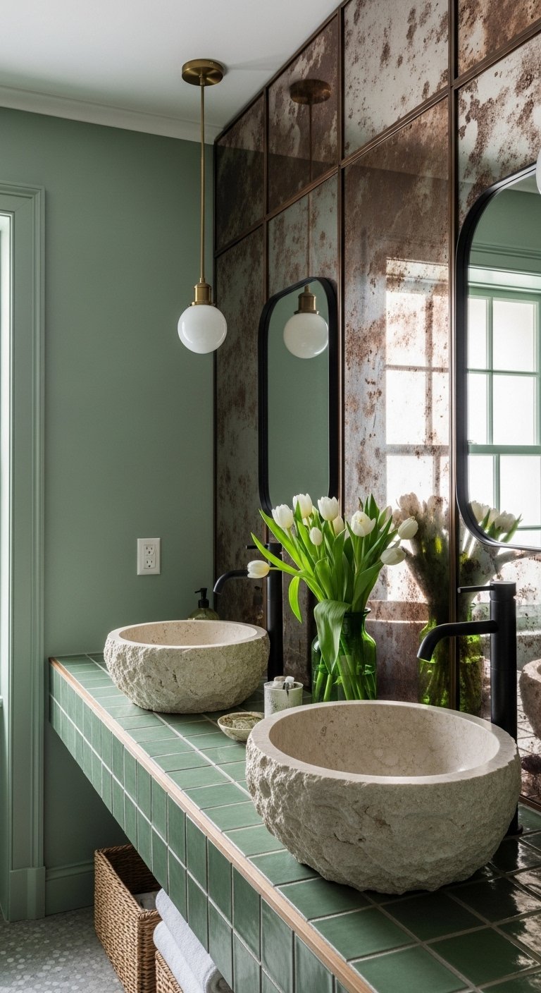 Salle de bain avec vasques en pierre brute et miroir vieilli