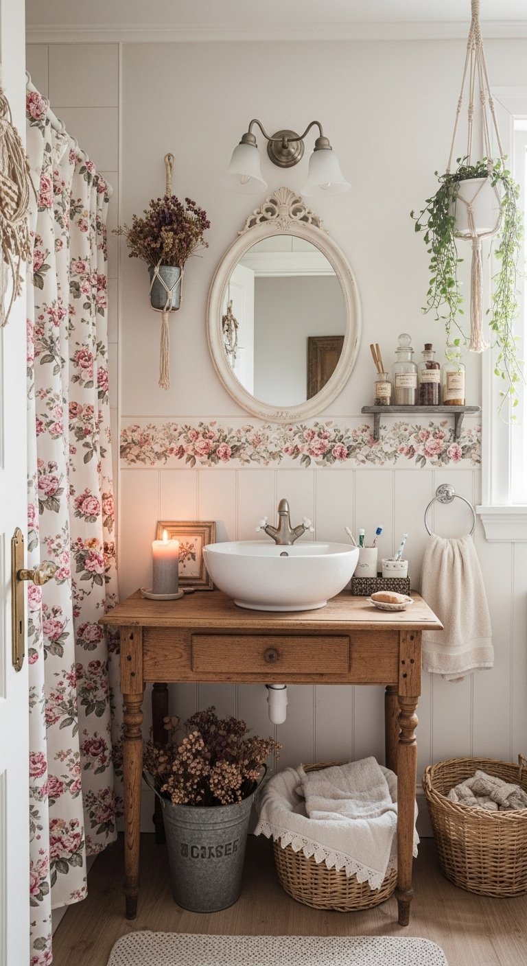 Salle de bain nature shabby chic avec meuble vasque en bois ancien