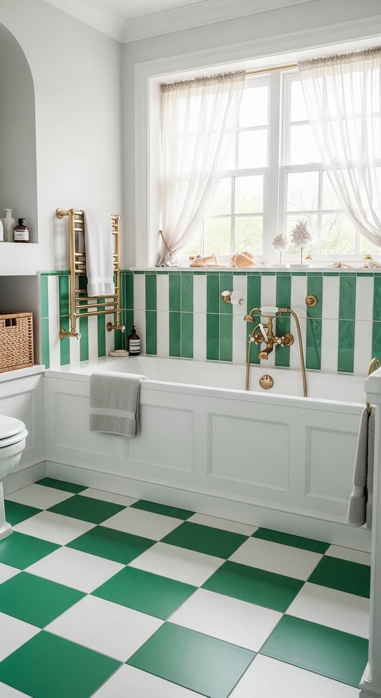 Salle de bain vintage avec carrelage à rayures et damier vert et blanc