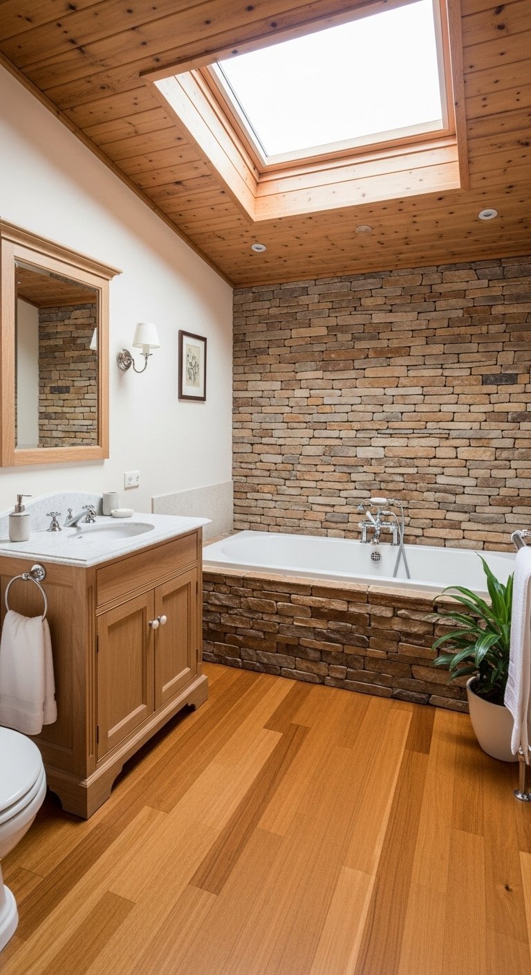 Salle de bains avec parquet en bois plafond en bois et mur d accent en pierre