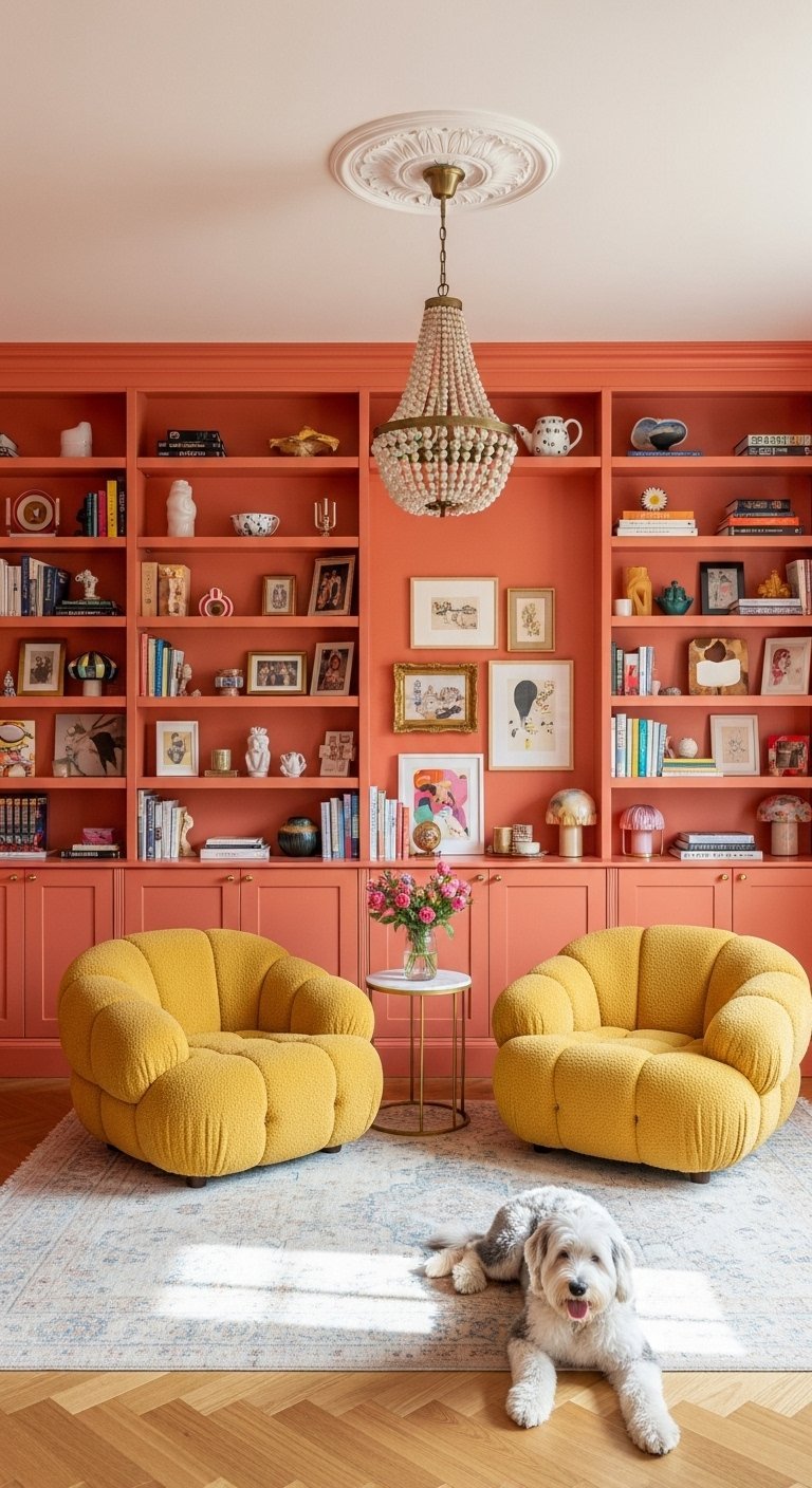 Salon avec bibliotheque integree peinte en terracotta et deux fauteuils jaunes