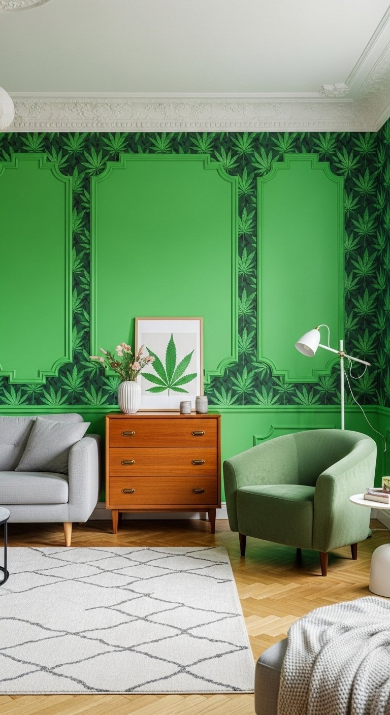 Salon avec mur vert encadre par une bordure de papier peint a motif de feuille de cannabis