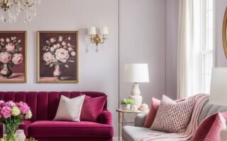 Salon colore avec canape magenta et tapis persan a motifs vifs