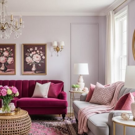 Salon colore avec canape magenta et tapis persan a motifs vifs