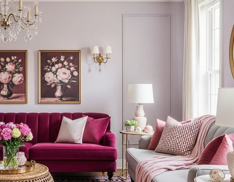Salon colore avec canape magenta et tapis persan a motifs vifs