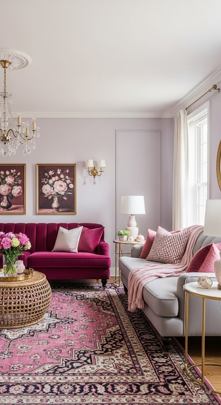 Salon colore avec canape magenta et tapis persan a motifs vifs