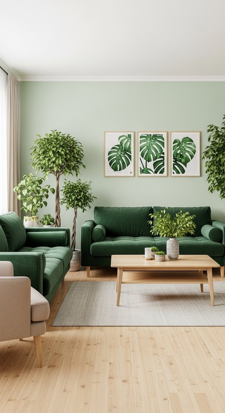 Salon inspire par la nature avec murs vert sauge et canapes vert foret