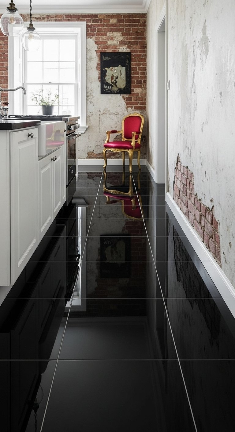Sol de cuisine en carrelage noir brillant effet miroir avec mur de briques