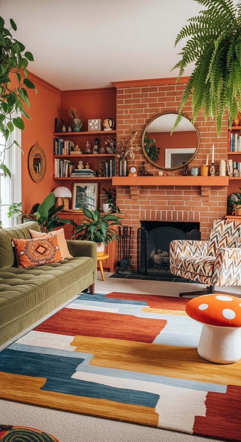 Tapis de salon coloré à blocs de couleurs dans un salon bohème avec un mur en briques