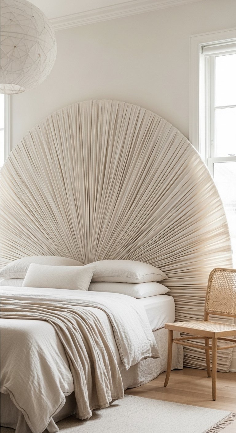 Tete de lit spectaculaire en tissu plisse beige en forme d eventail