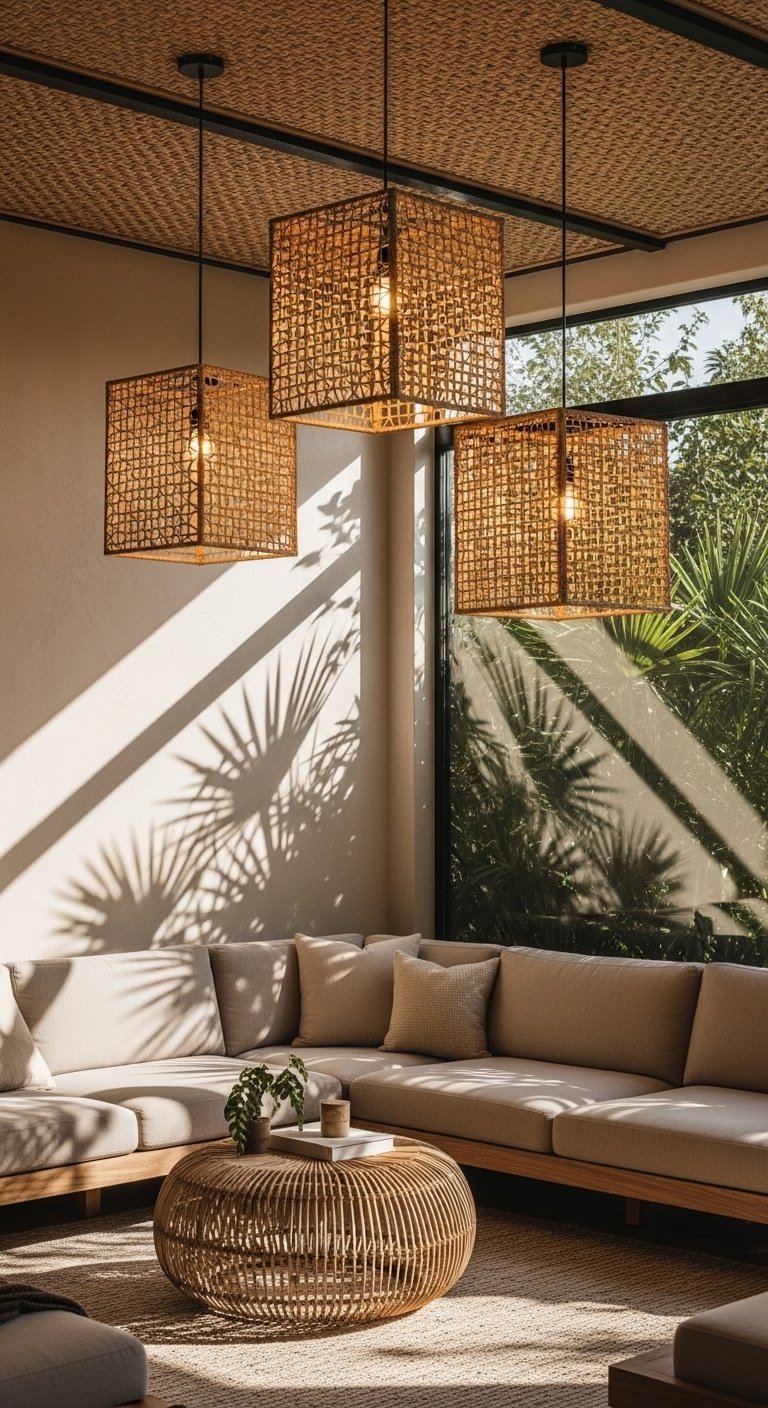 Trois suspensions carrées en rotin dans un salon bohème